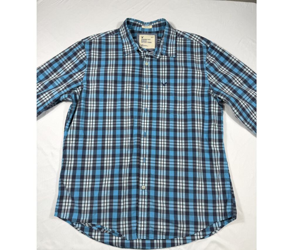 American Eagle Button Down Shirt Mens Large Blue Plaid Athletic Fit Cotton